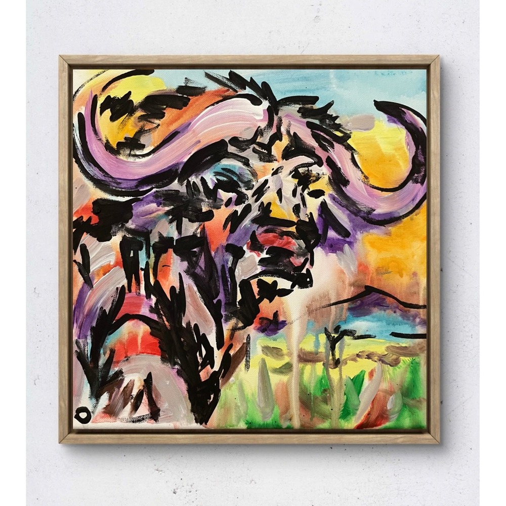 OMAN Original Expressionist Cape Buffalo Painting 12x12 Canvas Wall Art Unframed
